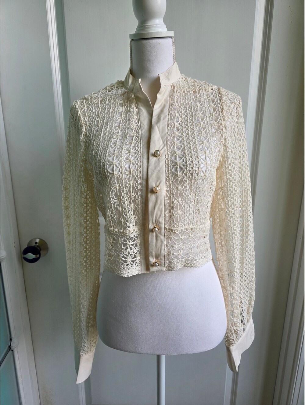 Cream Crochet Lace Button-Up Blouse with Pearl Buttons, Size Medium/Large